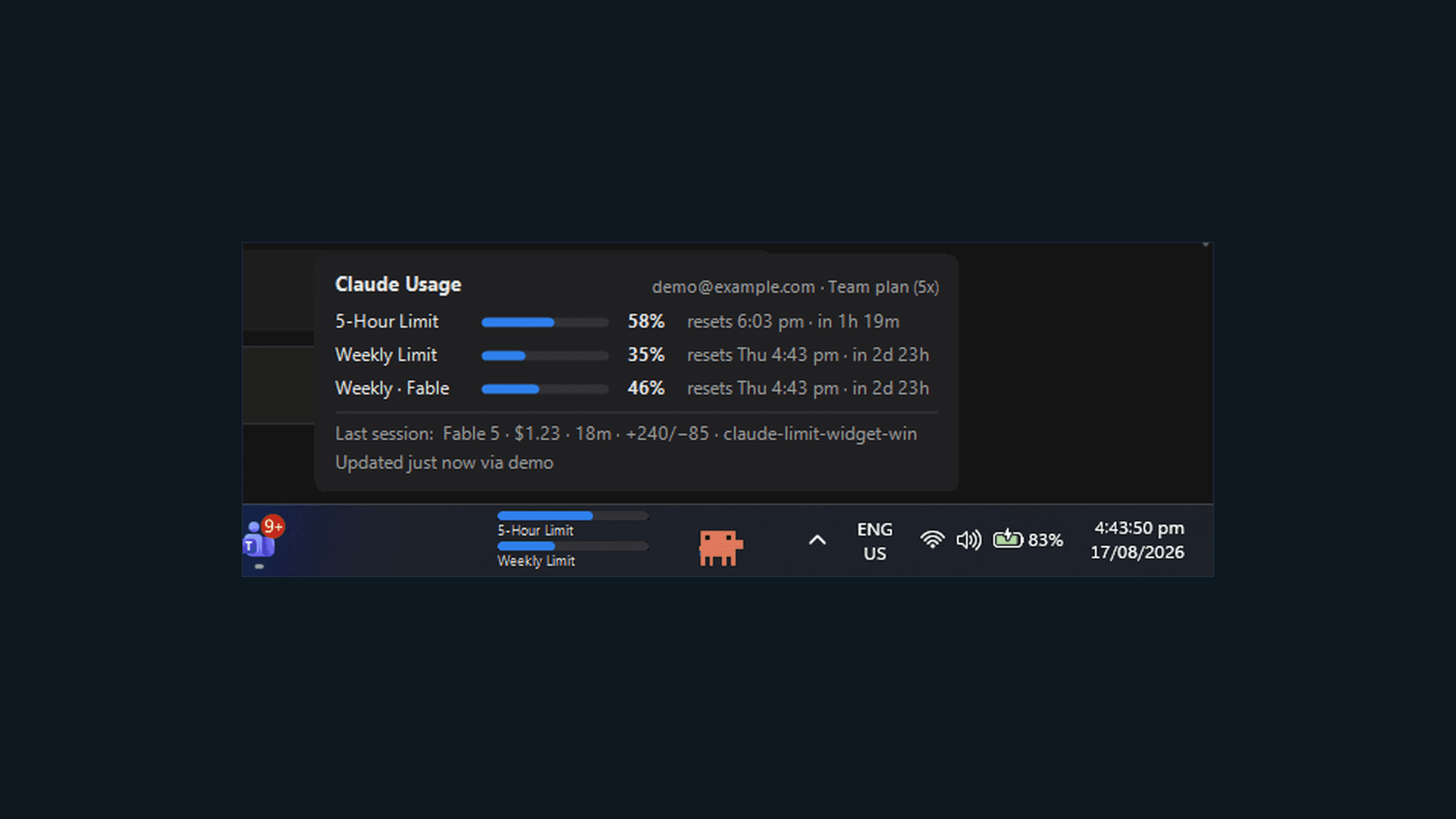 Claude Limit Widget for Windows 11 screenshot