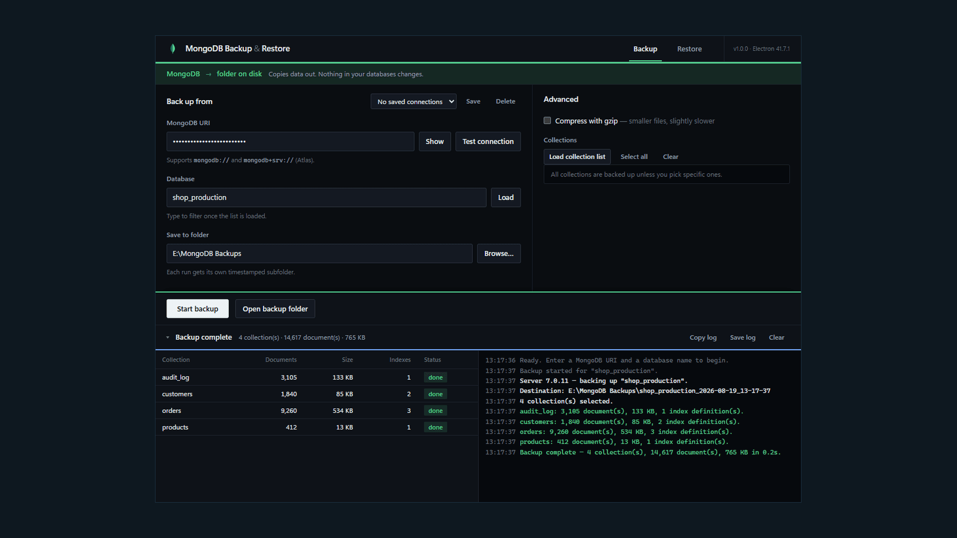 MongoDB Backup and Restore screenshot